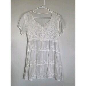 Boho White Embroidered Babydoll Mini Dress Small Cottagecore Coquette Fairycore